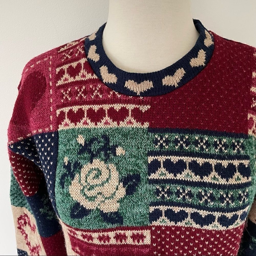 Vintage Crewneck Pullover Knit Sweater Floral Heart Patches Women Size XS Small - Picture 7 of 7